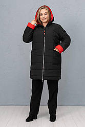 Стьобана жіноча тепла куртка великих розмірів чорно-червона з капюшоном