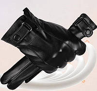 Рукавиці чоловічі шкіряні сенсорні з хутряною підкладкою, рукавиці водовідштовхуючі утеплені Чорний