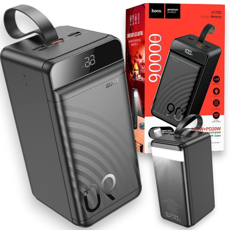 Павербанк Power Bank HOCO J123D 90000 mAh 22.5W Швидка зарядка Зовнішній акумулятор з ліхтариком, чорний