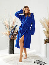 Жіночий махровий довгий халат із капюшоном синій (електрик) M розмір 46