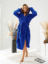 Жіночий махровий довгий халат із капюшоном синій (електрик) L розмір 48