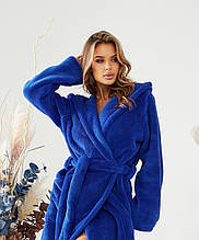 Жіночий махровий довгий халат із капюшоном синій (електрик) XXL розмір 52