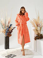 Жіночий довгий махровий халат із капюшоном жовтогарячий XXL розмір 52