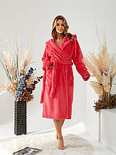 Жіночий довгий махровий халат із капюшоном червоний (корал, манго) M розмір 46