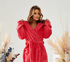Жіночий довгий махровий халат із капюшоном червоного кольору (корал, манго) XL розмір 50
