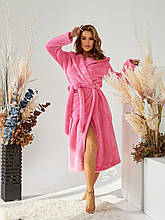 Жіночий рожевий довгий махровий халат із капюшоном L розмір 48