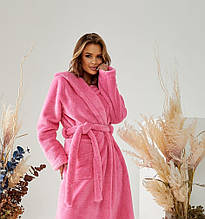Жіночий довгий рожевий махровий халат із капюшоном XL розмір 50