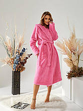 Жіночий довгий рожевий махровий халат із капюшоном XXL розмір 52