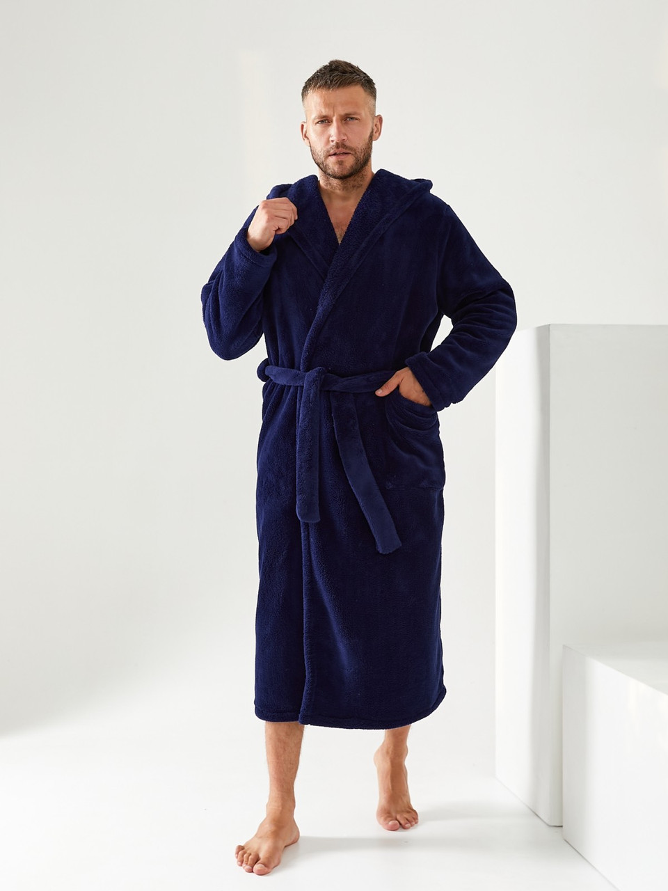 Чоловічий махровий довгий халат із капюшоном колір темно-синій M розмір 46