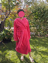 Жіночий довгий махровий халат із капюшоном світло-червоний XL розмір 50