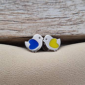 Сережки пуссети срібні пташки з сердечком із жовтої та блакитної емалі