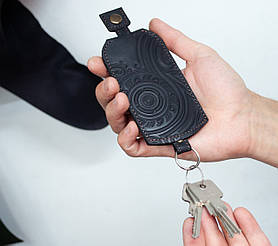 Чохол для ключів шкіряний чорний з орнаментом Плин Часу | Ключниця шкіряна