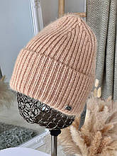 Тепла жіноча шапка Тора ангора на флісі бежева