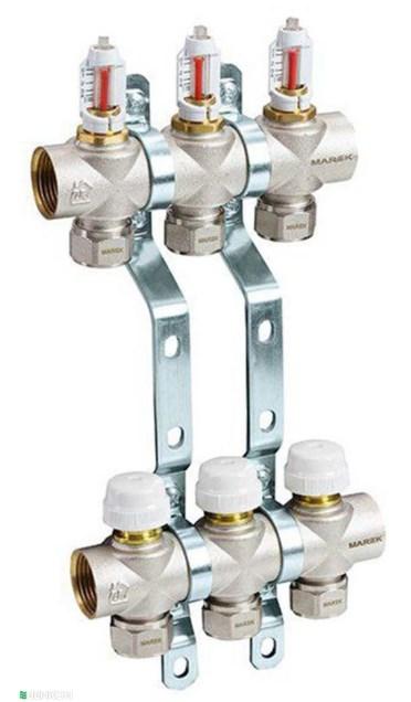 Комплект колекторів MAREK 1"x3/4" з латуні в зборі з витратомірами на 3 виходи, фото 1