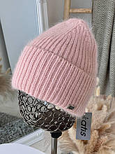 Тепла жіноча шапка Тора ангора на флісі пудрова