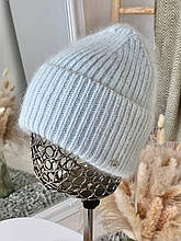 Тепла жіноча шапка Тора ангора на флісі блакитна