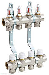 Комплект колекторів MAREK 1"x3/4" з латуні в зборі з витратомірами на 4 виходи