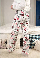 Стильні штани Hello Kitty Білого кольору. Плюшеві Штани Хелоу Кітті . Піжамні Штани Hello Kitty