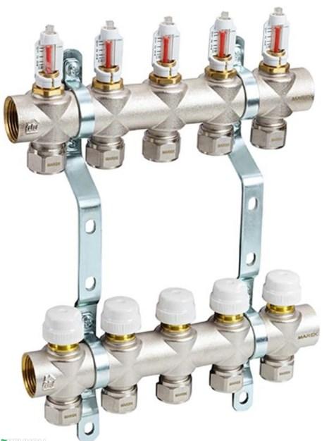 Комплект колекторів MAREK 1"x3/4" з латуні в зборі з витратомірами на 5 виходів, фото 1