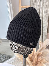 Тепла жіноча шапка Тора ангора на флісі чорна