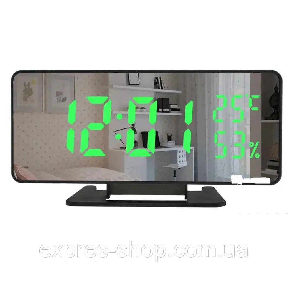 Електронний годинник з будильником і термометром VST-888Y, від мережі / Дзеркальний годинник із зеленим LED підсвічуванням, фото 1