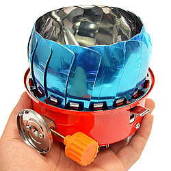 Портативний газовий пальник 2,8 кВт, з вітрозахистом та п'єзопідпалом, Kovar K-203 / Туристична газова плита пелюсток