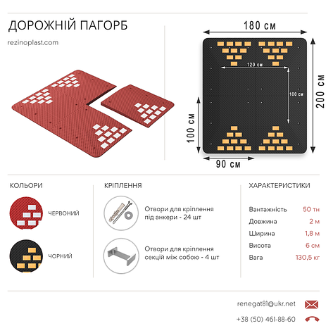 Дорожній пагорб гумовий червоний (подушка швидкості) 2000х1800х60 мм, фото 3