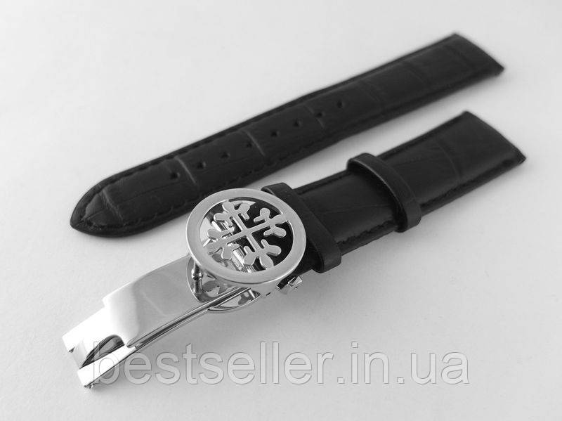 Ремінець до годинників Patek philippe чорний, шкіряний, з фірмовою сріблястою застібкою 20/18 мм AAA