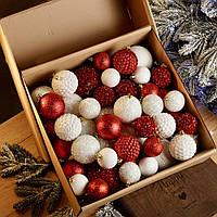 Набір 40 новорічних ялинкових кульок іграшок куль на ялинку, червоні новорічні ялинкові кульки кулі іграшки та прикраси пластикові