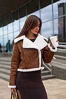 Жіноча укорочена вінтажна дублянка з хутром тедді