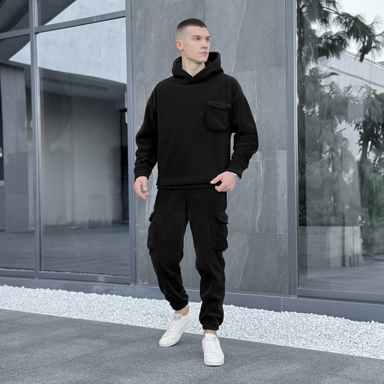 Чоловічий флісовий оверсайз чорний костюм з капюшоном Комплект плюшевий Худі + Штани утеплений, фото 1