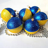 Набір новорічних іграшок 6 шт 8 см | прикраси ялинкові блакитно жовті | новорічні іграшки, фото 5