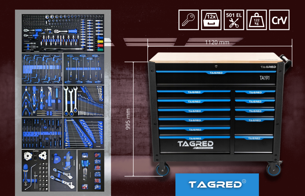 ТОП Професійна тележка TAGRED TA191 PERFORMANCE Jumbo XXL з 12 ящиками та набором інструментів 501-ел