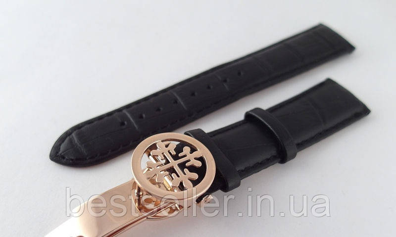 Ремінець до годинників Patek philippe чорний, шкіряний, з фірмовою застібкою, фото 1