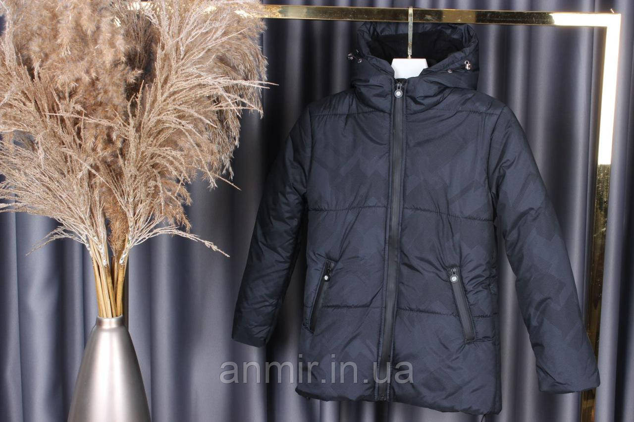 Куртка зимовий юніор із капюшоном ПРИНТ для хлопчика 10-14 років, колір темно-синій