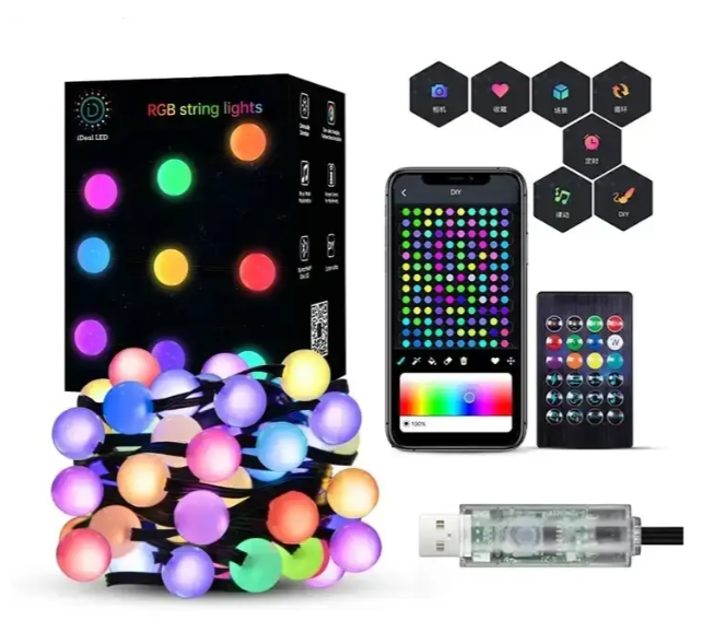 Розумна водонепроникна вулична світлодіодна гірлянда RGB Матова кулька 10 м APP Bluetooth (USB) + пульт