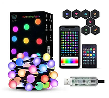 Розумна водонепроникна вулична світлодіодна гірлянда RGB Матова кулька 10 м APP Bluetooth (USB) + пульт