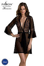 Пеньюар Passion LEAFA PEIGNOIR black, XXL/XXXL, довжина трохи вище коліна, широкі рукави, зав'язується на пояс