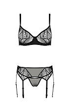 Комплект Passion LEAFA SET black, L/XL, мереживо+сітка, бюстгальтер на кісточках, стрінги, пояс для панчіх, фото 3