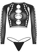 Комплект безшовної білизни Leg Avenue Long sleeve crop top & string Black, One Size, топ, стрінги, фото 3