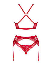 Комплект білизни Obsessive Lacelove cupless 3-pcs set XL/2XL Red, бюстгальтер, стрінги, пояс для панчіх, фото 4