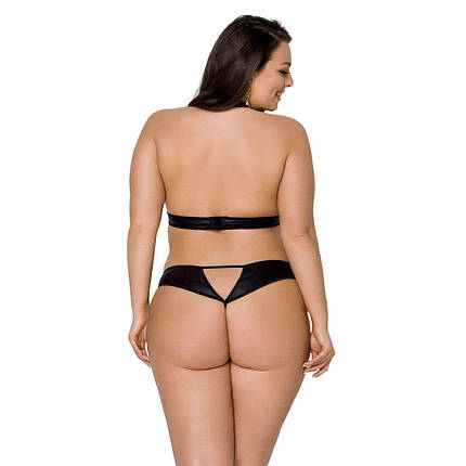Комплект із екошкіри Passion MALWIA SET with Open Bra 4XL/5XL black, топ та трусики з люверсами, фото 2