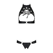 Комплект із екошкіри Passion MALWIA SET with Open Bra 4XL/5XL black, топ та трусики з люверсами, фото 3