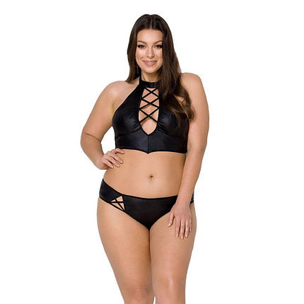 Комплект з екошкіри Passion NANACY BIKINI 4XL/5XL black, бра та трусики з імітацією шнурівки, фото 1