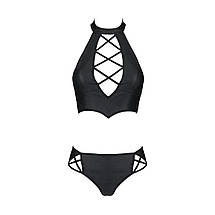 Комплект з екошкіри Passion NANACY BIKINI 4XL/5XL black, бра та трусики з імітацією шнурівки, фото 3