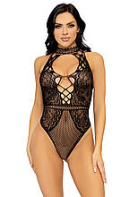 Leg Avenue Net and lace halter bodysuit OS Black
