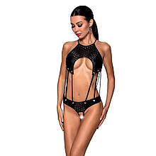 Боді з відкритим доступом Passion TASMINA BODY S/M, black, екошкіра, шнурівки, ажурні мережива