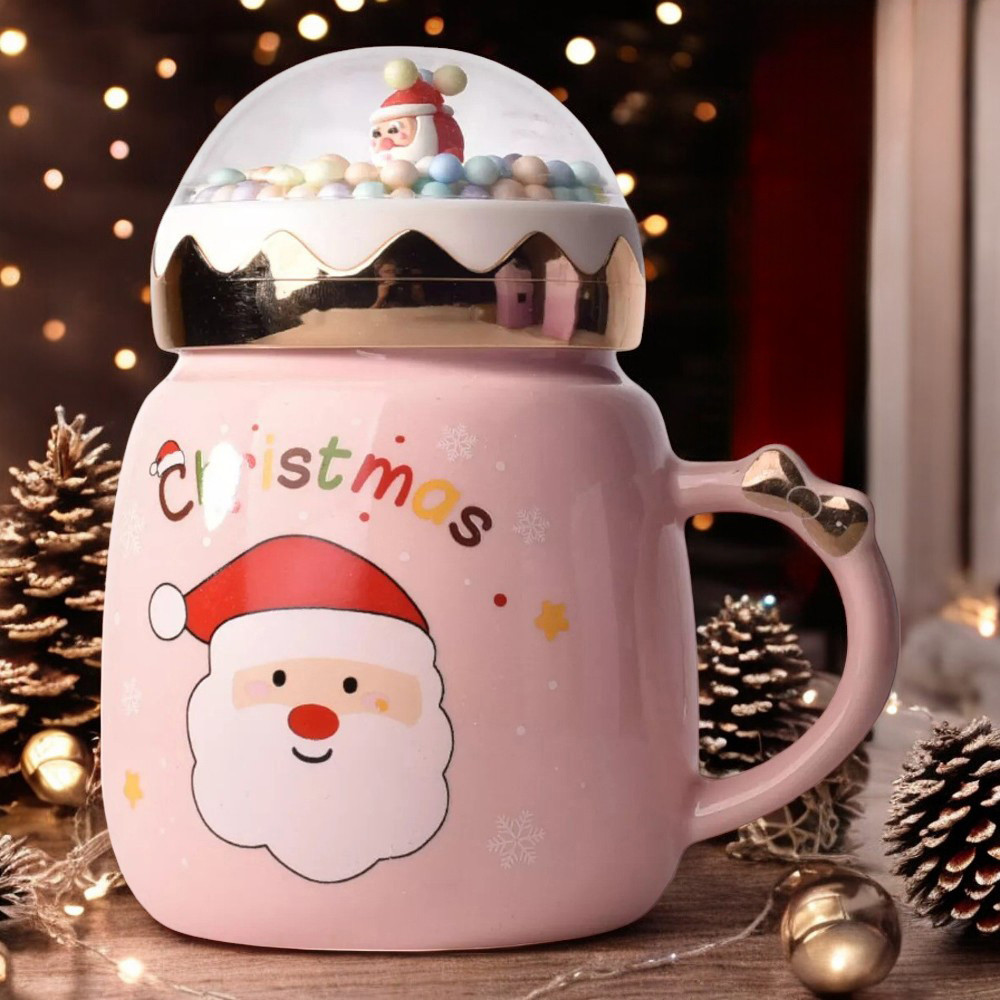 Новорічна кружка з закручуваною кришкою "Merry Christmas", 360мл, Рожевий, фото 1