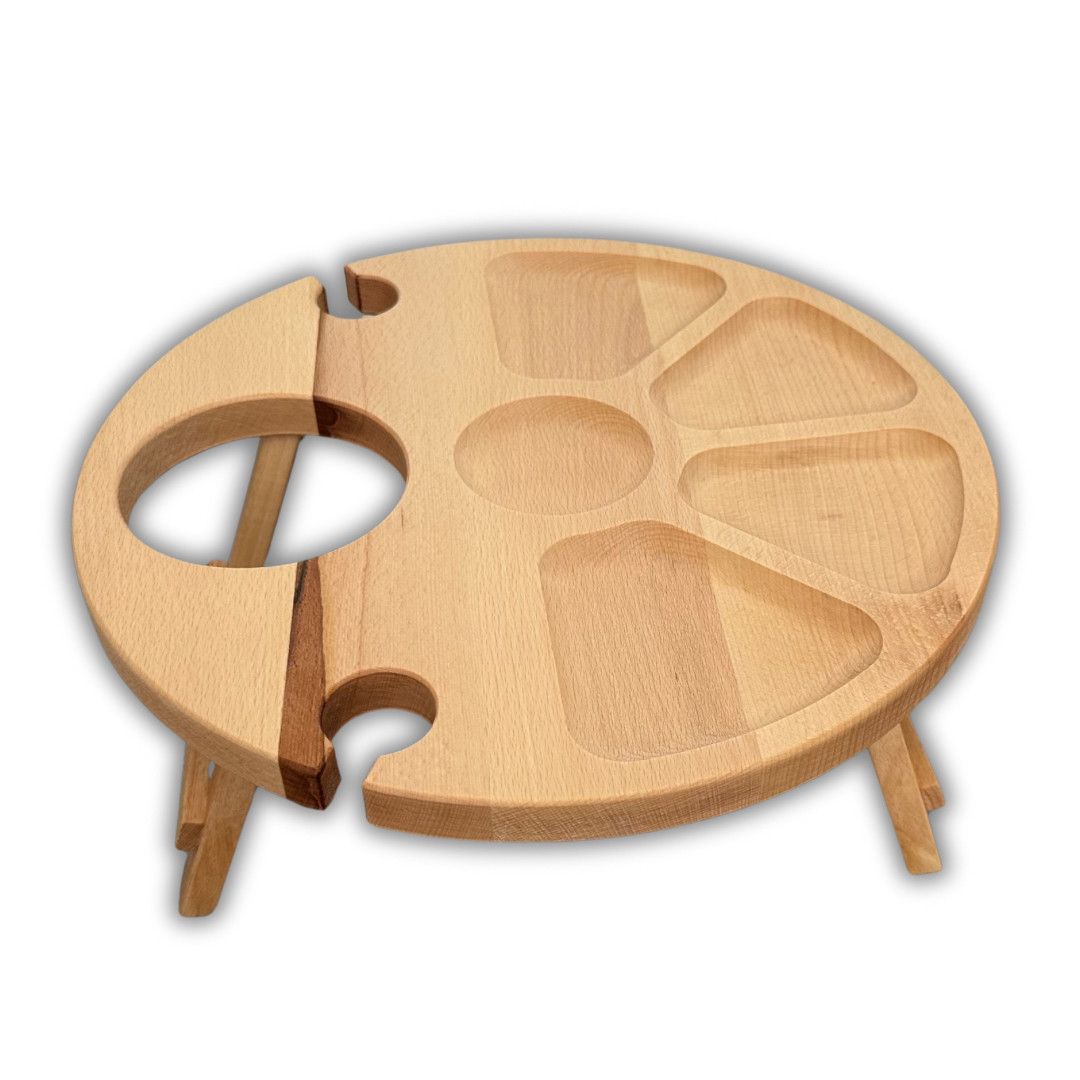 Винний столик-менажниця, бук, 35*35*17 см, круглий, 2 келихи, фото 1