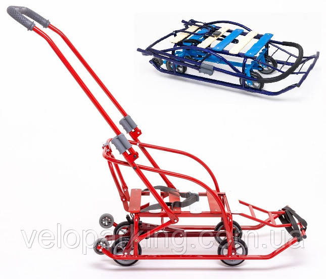 Дитячі санчата трансформер на коліщатках (висувні) Лелека з ручкою штовхачем складані Мрія